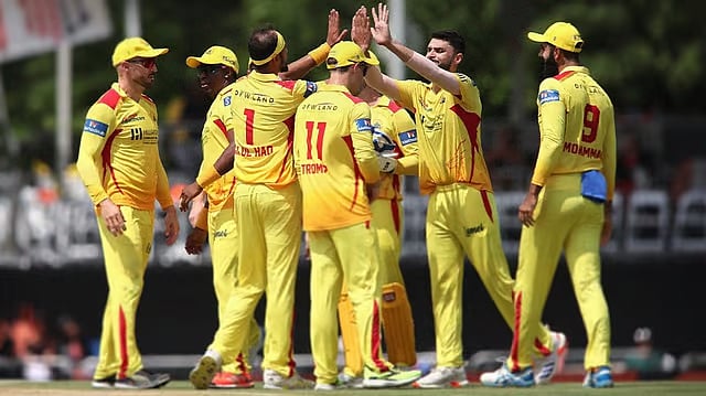 X/Texas Super Kings : Texas Super Kings celebrating a wicket during a Major League Cricket 2024 match.